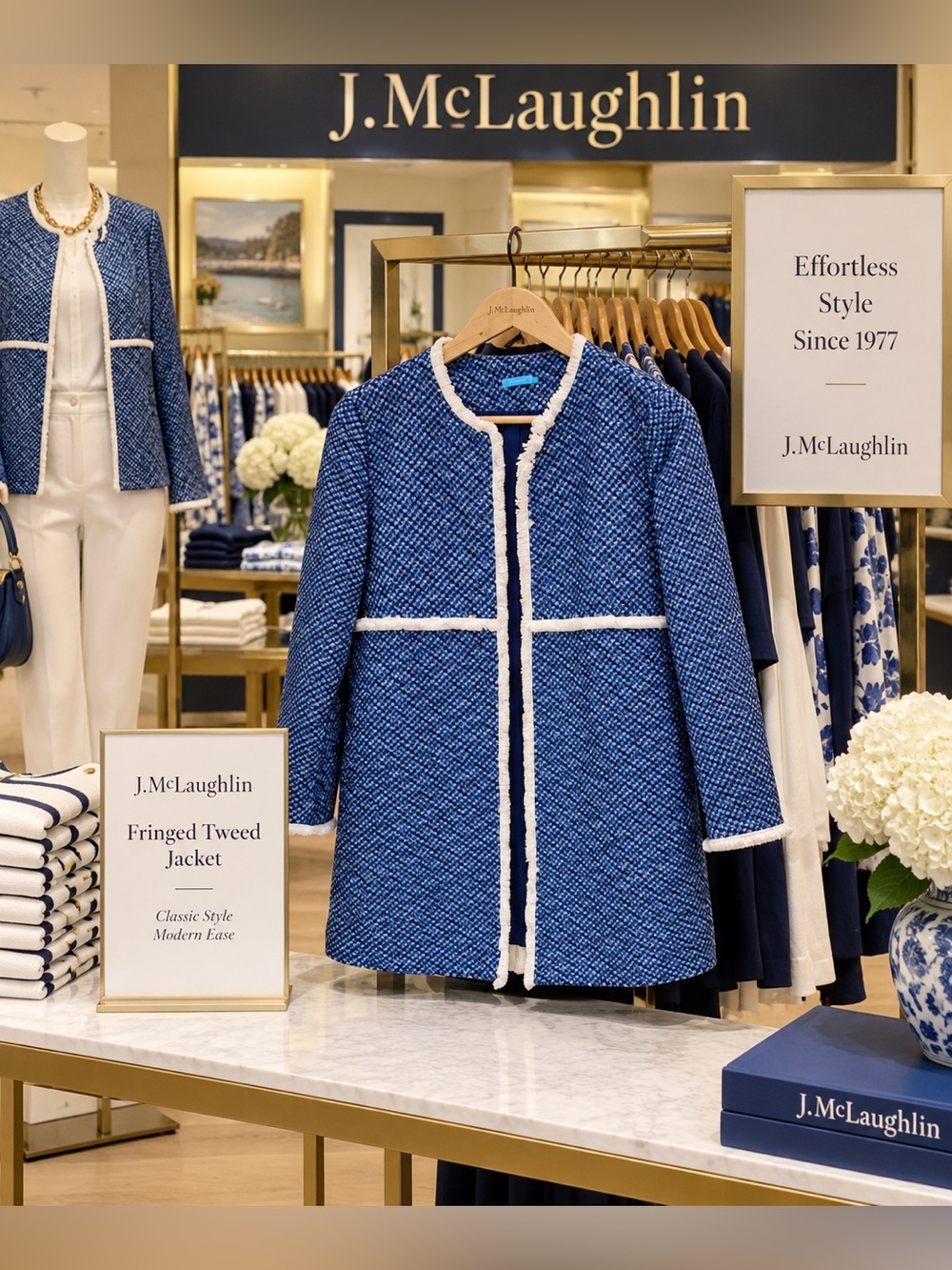 J. McLaughlin Blue Fringed Tweed Coat Jacket with White Trim
